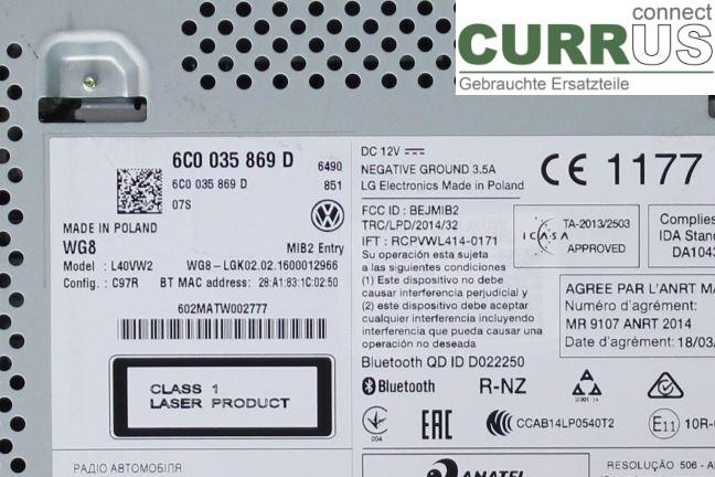VW POLO       10-17 Radio CD / panneau multimédia 6C0035869D 1,2 TSI/CJZC