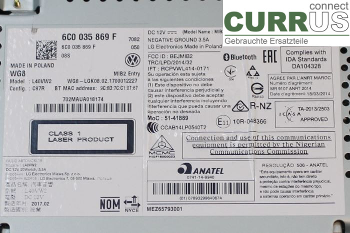 VW POLO       10-17 Radio CD / panneau multimédia 6C0035869F 1,2 TSI/CJZC