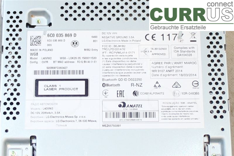 VW POLO       10-17 Radio CD / panneau multimédia 6C0035869D 1,2/CJZC