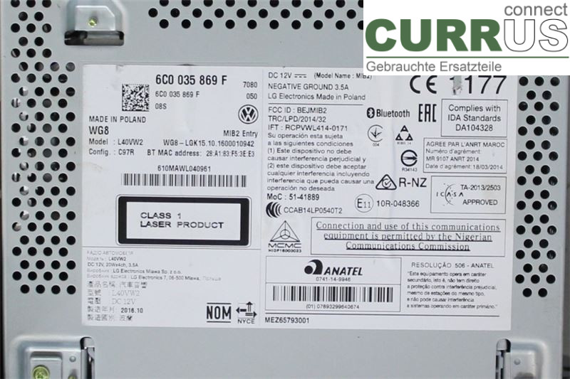 VW POLO       10-17 Radio CD / panneau multimédia 6C0035869F 1,2TSI