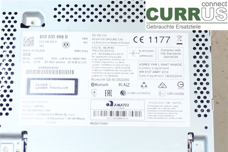 VW POLO       10-17 Radio CD / panneau multimédia 6C0035869D CUSB