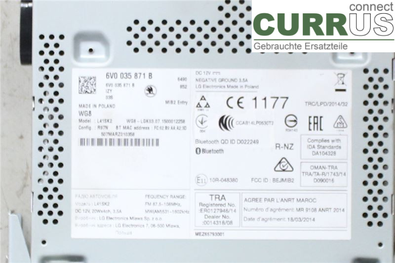 SKODA FABIA  15- Radio CD / panneau multimédia 6V0035871B 1,2 TSI