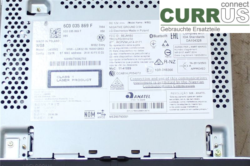 VW POLO       10-17 Radio CD / panneau multimédia 6C0035869F CJZC