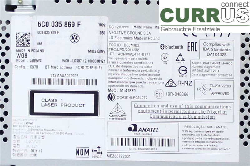 VW POLO VI 18- Radio CD /Multimediapanel 6C0035869F CJZC