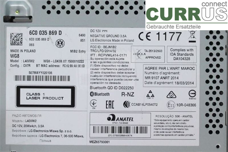 VW POLO       10-17 Radio CD / panneau multimédia 6C0035869D CJZC
