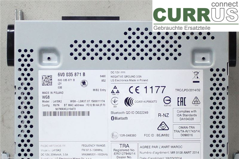 SKODA FABIA  15- Radio CD / panneau multimédia 6V0035871B 