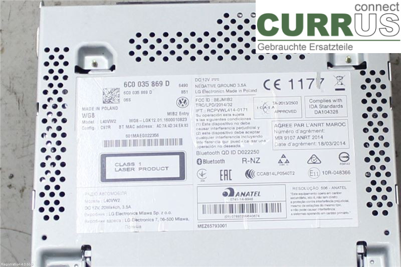 VW POLO       10-17 Radio CD / panneau multimédia 6C0035869D CJZC