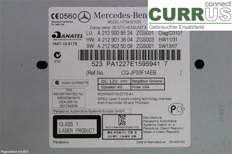 MB E-KLASS (W212) 09-16 Radio CD / Multimedia panel A2129008328 OM651.924