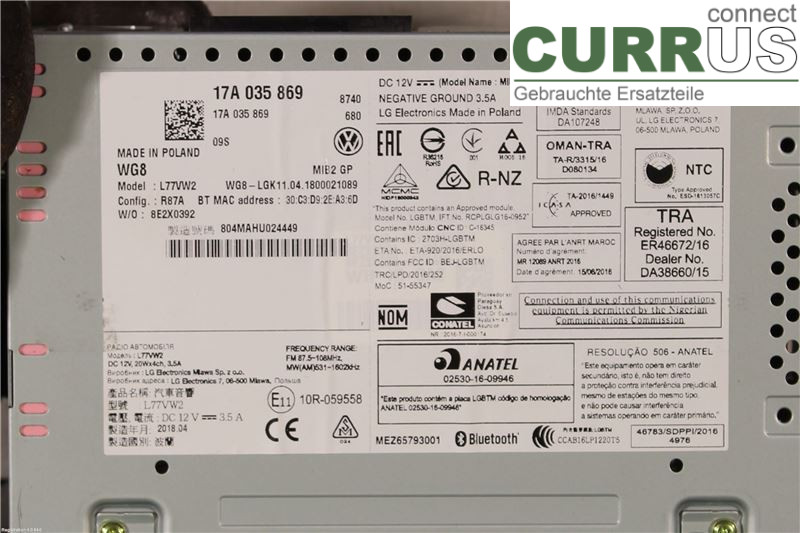 VW POLO VI 18- Radio CD / Multimedia panel 17A035869 CHZL