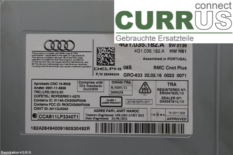 AUDI A6 ALLROAD 4G  12-18 Radio CD / Multimedia panel 4G1035182AX 3.0 TDI CZVA