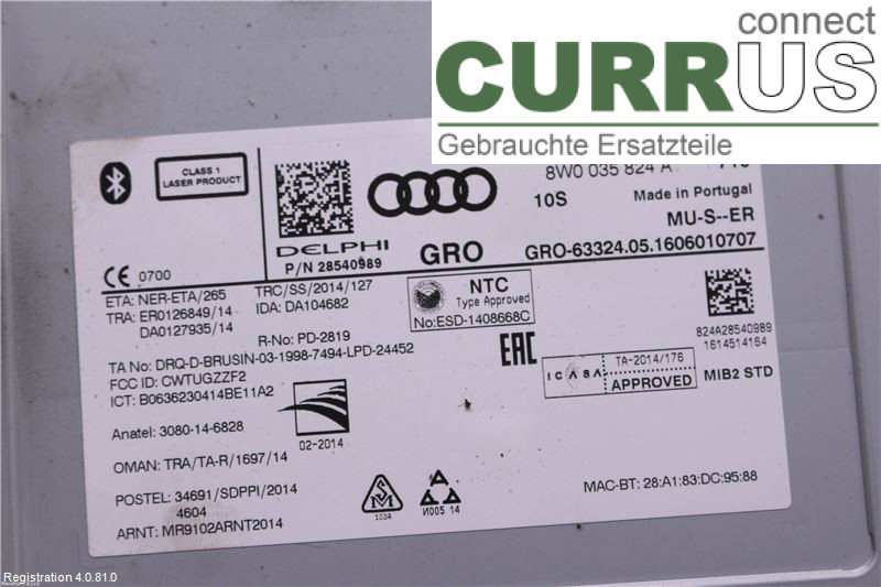 AUDI A4/S4  B9 16-19 Radio CD / Multimedia panel 8W0035824A DETA