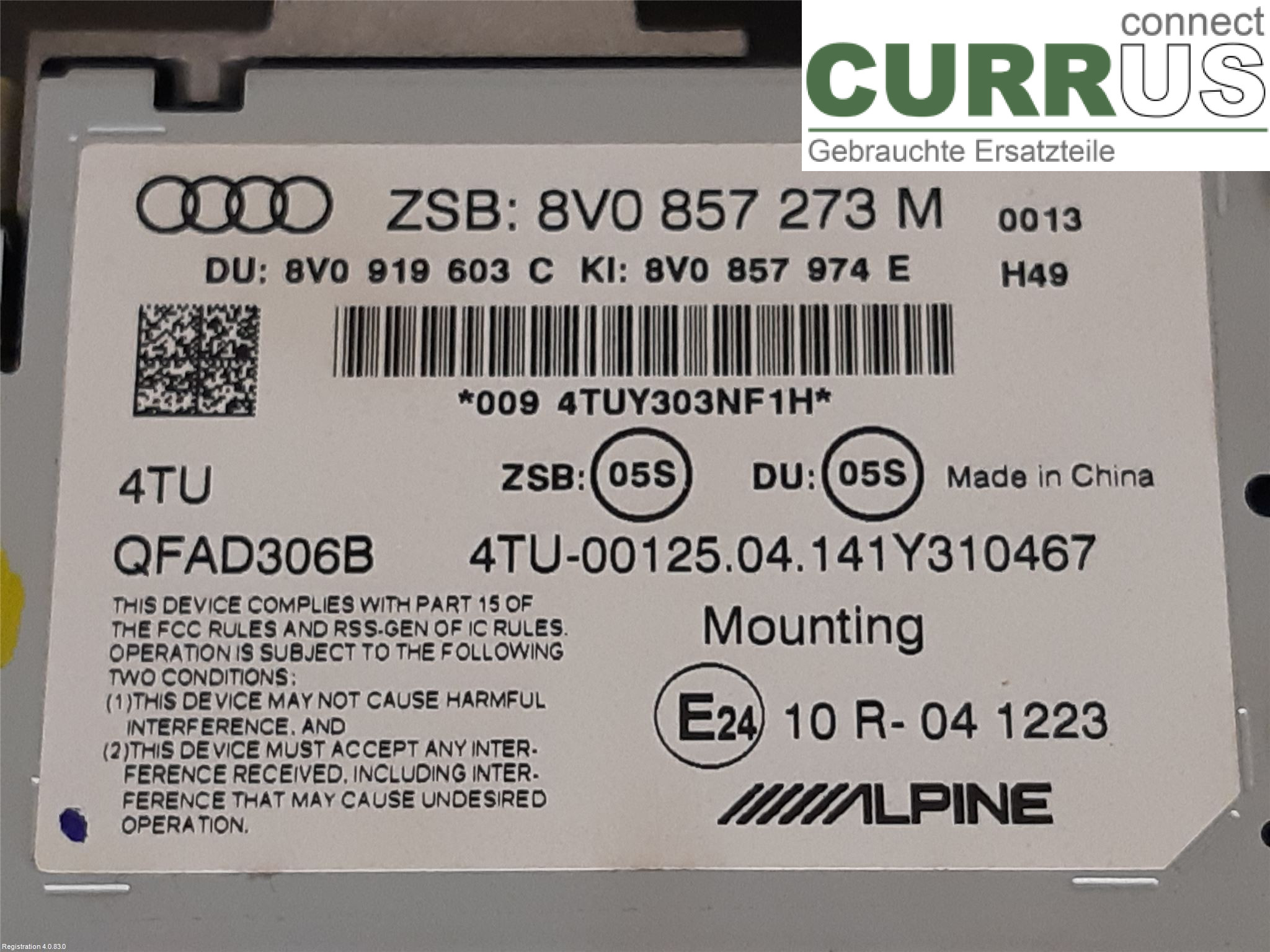 AUDI A3/S3 8V  13-20 Radio-CD-/Multimedia-Panel 8V0 857 273 M  6PS CRKB