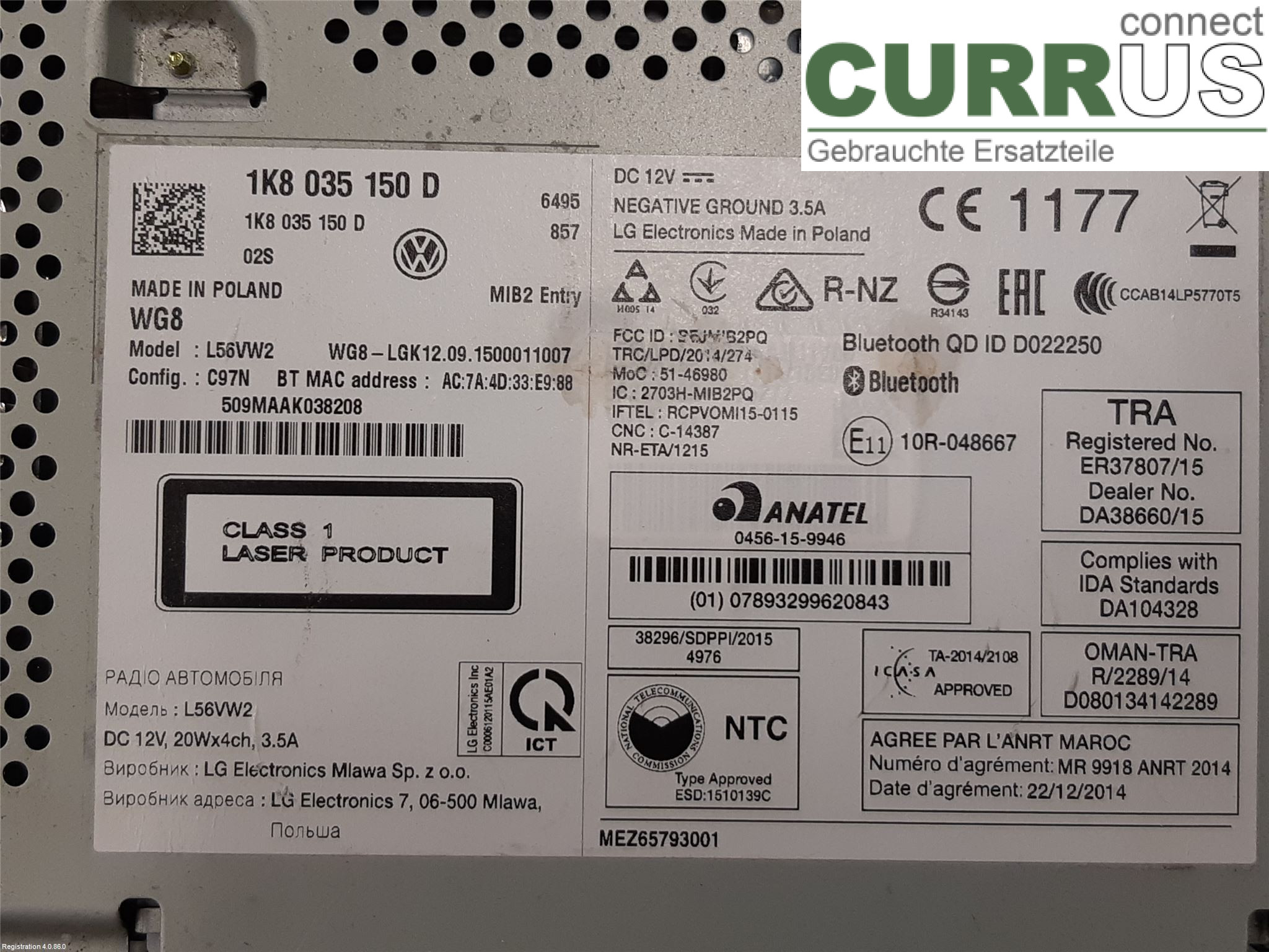 VW CADDY 16-20 Radio CD / Multimedia panel 1K8035150D DFSE
