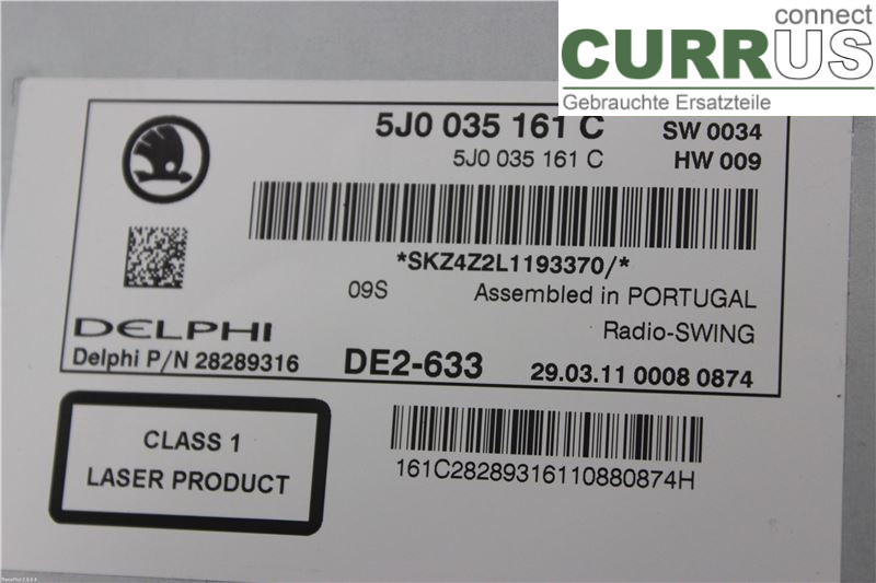 SKODA FABIA         07-14 Radio CD / panneau multimédia 5J0035161C 1,6TDI