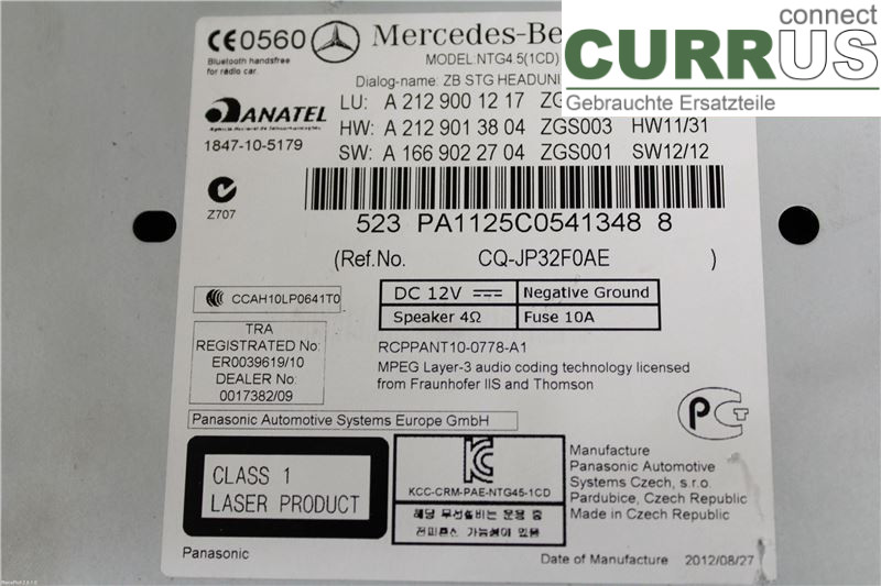 MB E-KLASS (W212) 09-16 Radio CD / Multimedia panel A2129008322 300CDI BLUETEC