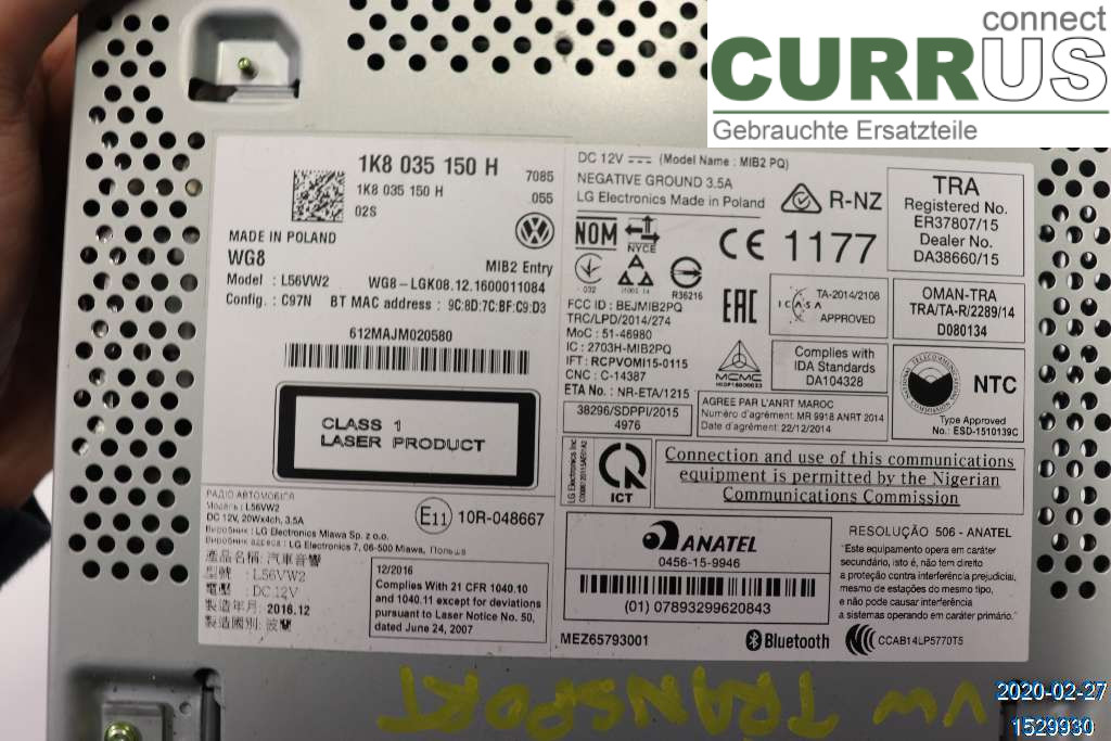VW TRANSP/CARAVELLE 16- Radio CD / Multimedia panel 1K8 035 150 H 2,0TDI