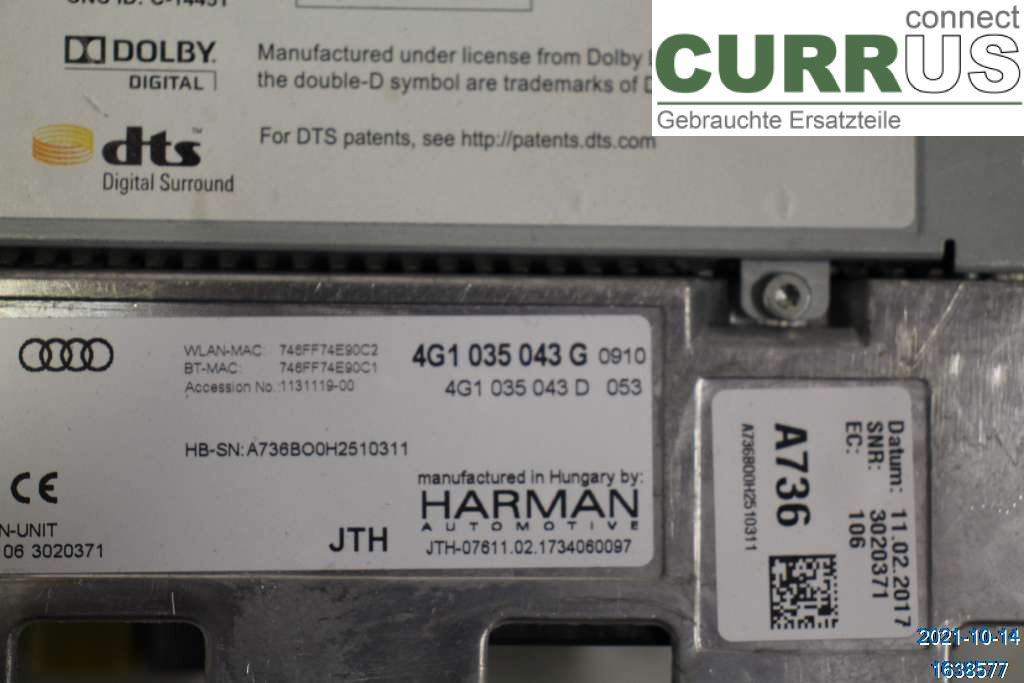 AUDI A6/S6 4G   11-18 Radio CD / Multimedia panel 4G1035043G 2.0 TDI