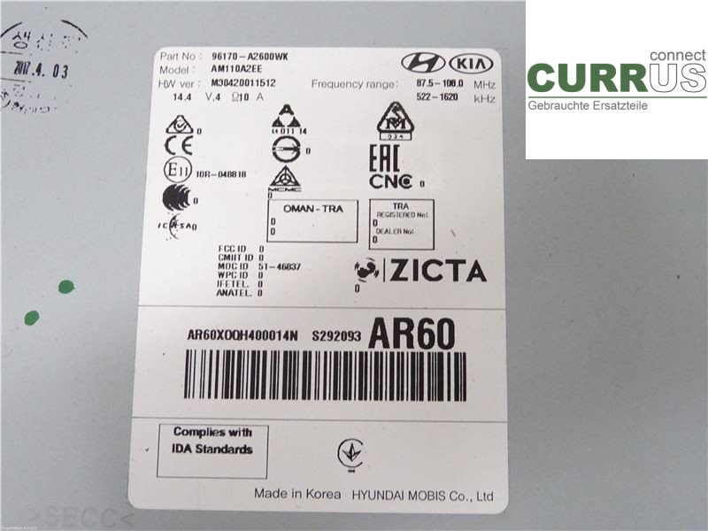KIA CEED  12-18 Radio CD / Multimedia panel 96170A2600WK G4LC