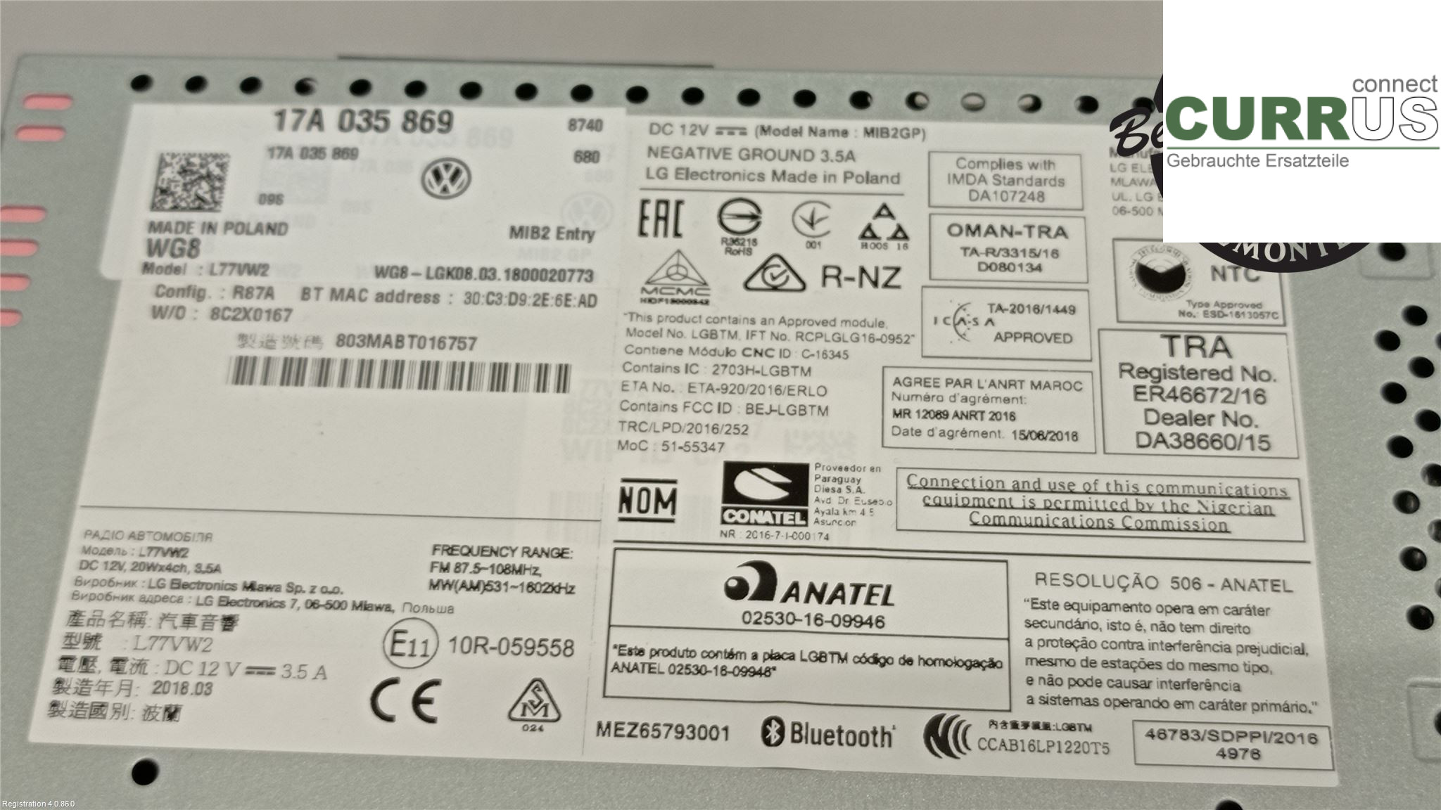 VW POLO VI 18- Radio CD / Multimedia panel 17A 035 869  CHZL