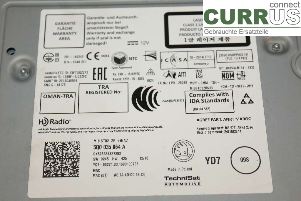 SKODA OCTAVIA  13-20 Radio CD /Multimediapanel 5Q0035864A 1,6TDI 110HK