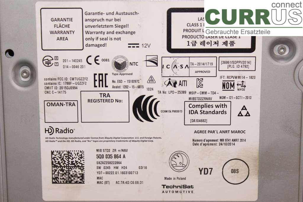 SKODA OCTAVIA  13-20 Radio CD /Multimediapanel 5Q0035864A 2.0TDI 184HK