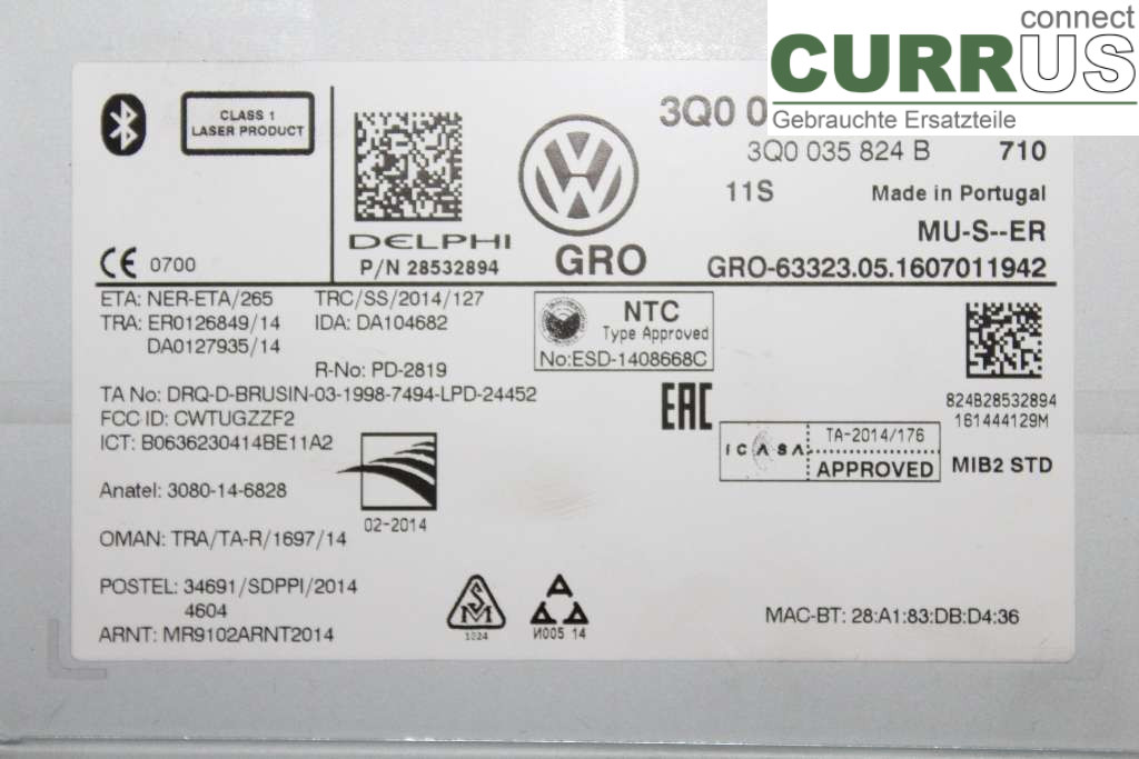 VW PASSAT  15-19 Radio CD / panel multimedialny 3Q0035824BX 2.0TSI 220HK