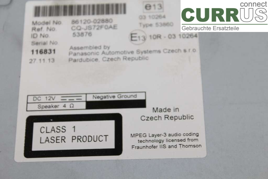 TOYOTA AURIS      13-19 Radio CD / Multimedia panel 86120-02880 1,4 D-4D 90HK