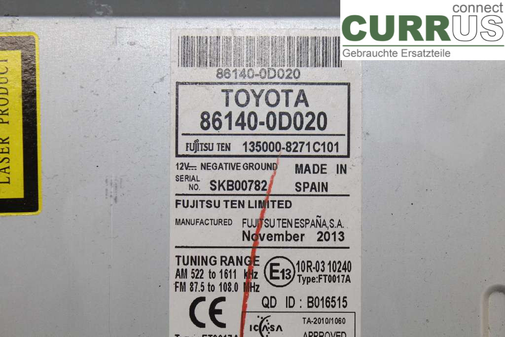 TOYOTA YARIS       12-14 Radio CD / Multimedia panel 86120-0D650 1.33I 99HK