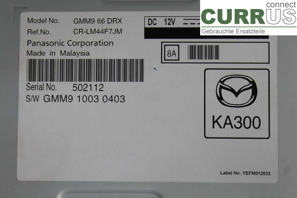 MAZDA 6          13- Radio CD /Multimediapanel GMM9-66-DRX 2,2 129KW HIGH