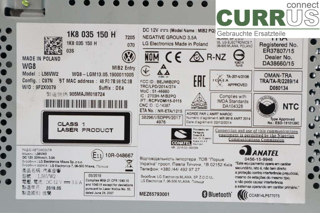 VW CADDY  16-20 Radio CD / Multimedia panel 1K8035150H 2.0TDI 150HK