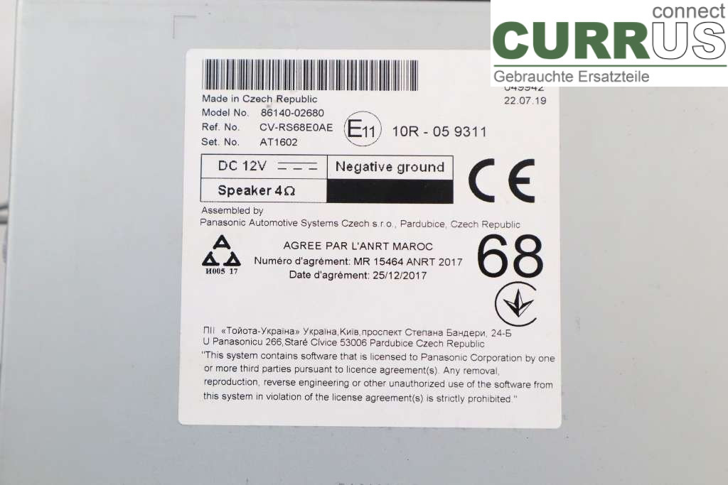 TOYOTA COROLLA 19- Radio CD / multimediepanel 86140-02680 2,0 hybrid 112k