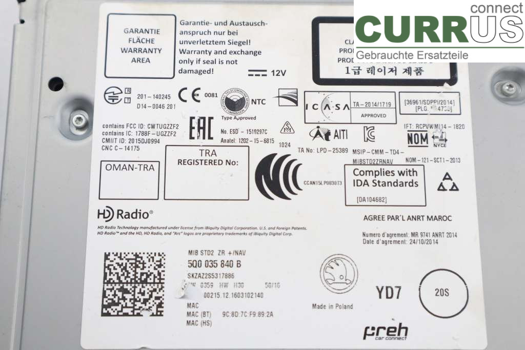 SKODA KODIAQ 17-24 Radio CD / panneau multimédia 5Q0035840B 2.0TDI 190HK