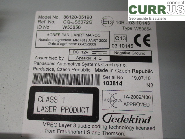 TOYOTA AVENSIS   09-15 Radio CD /Multimediapanel 86120-05190 1AD-FTV