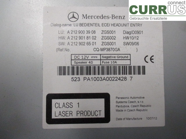 MB E-KLASS (W212) 09-16 Radio CD / Multimedia panel A2129004910 OM651.924