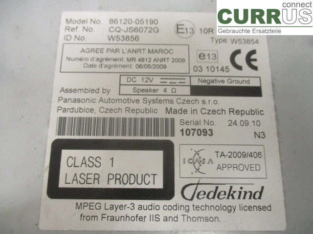 TOYOTA AVENSIS   09-15 Radio CD /Multimediapanel 86120-05190 1AD-FTV