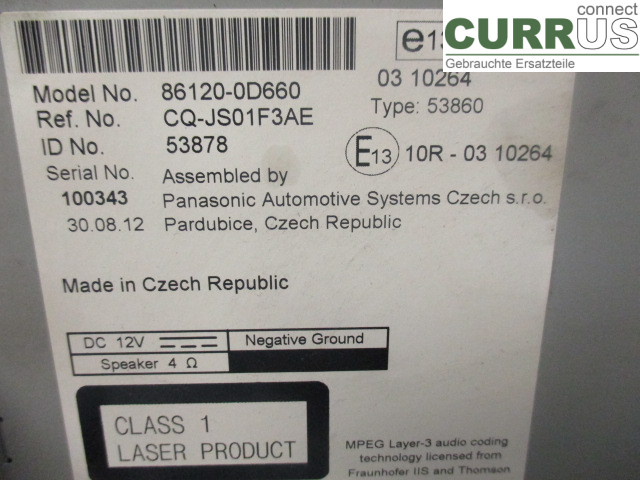 TOYOTA YARIS       12-14 Radio CD /Multimediapanel 86120-0D660 1NZ-FXE