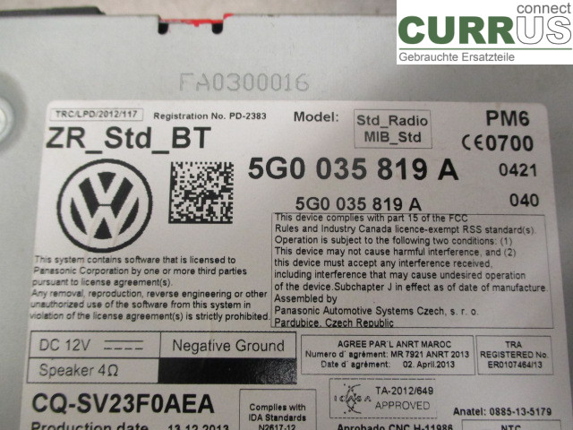 VW GOLF / E-GOLF VII   13-20 Radio CD / Multimedia panel 5G0035819AX CHPA