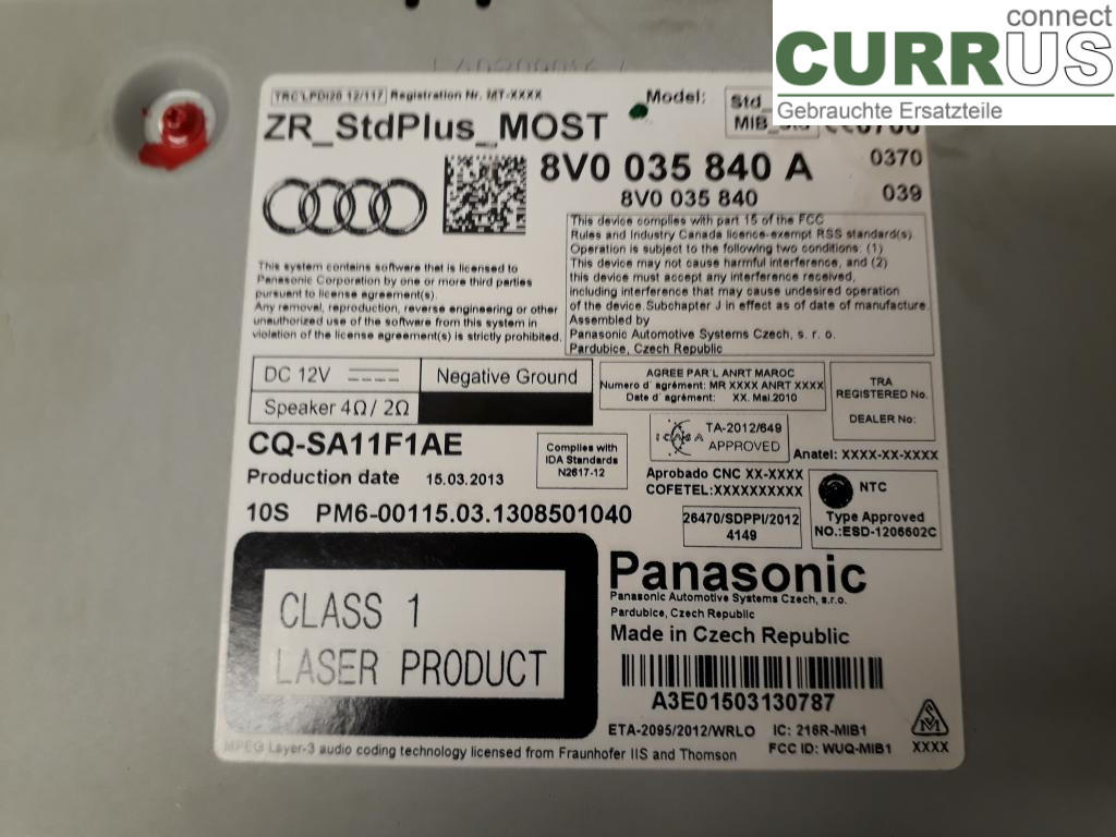 AUDI A3/S3 8V  13-20 Radio CD /Multimediapanel 8V0035840A CRBC