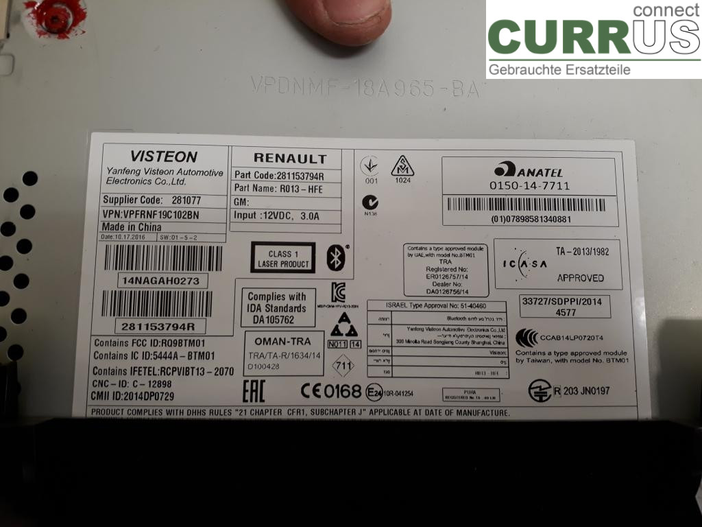 RENAULT KADJAR  15- Radio CD / panel multimedialny 281152889R K9K-649