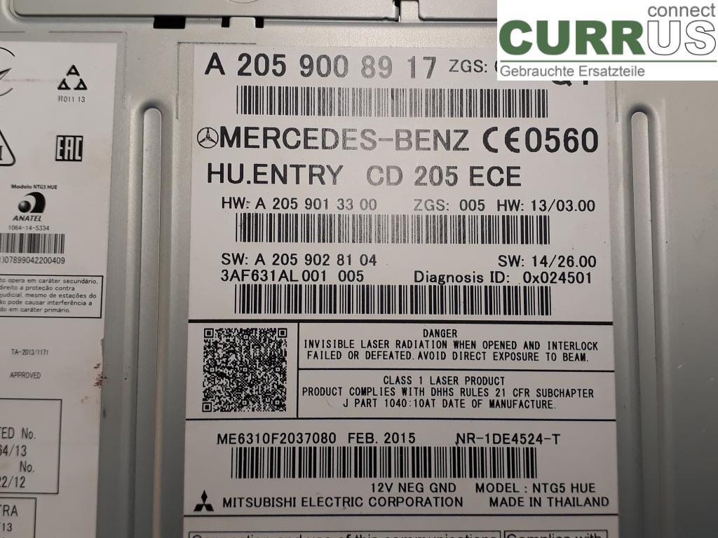 MB C-KLASS (W205)  14- Radio CD /Multimediapanel A2059008917 OM651.921