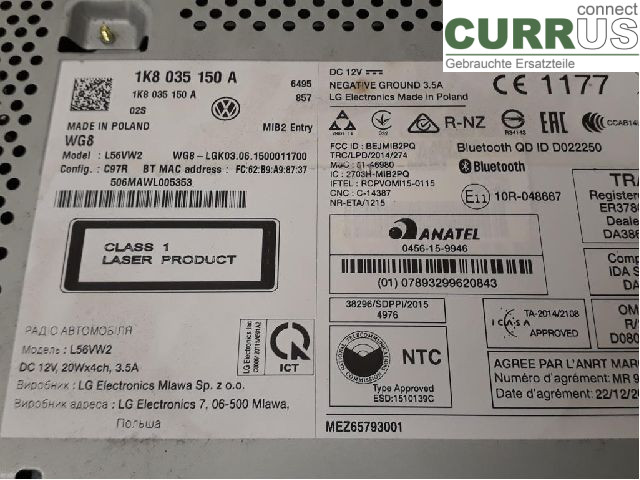 VW CADDY  16-20 Radio CD / panneau multimédia 1K8035150A CUUD