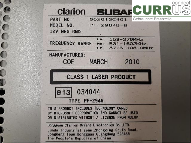 SUBARU FORESTER SH  08-13 Radio CD / Multimedia panel 86201SC401 EJ20