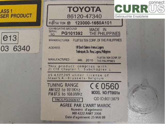 TOYOTA PRIUS ZVW30  09- Radio CD / Multimedia panel 86120-47340 2ZR-FXE