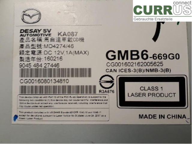 MAZDA 6          13- Radio CD /Multimediapanel GMB6-66-9G0A PY-VPR