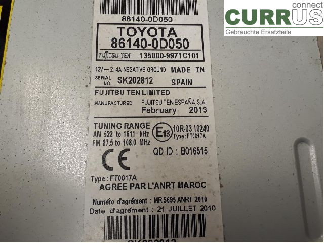 TOYOTA YARIS       12-14 Radio CD /Multimediapanel 86140-0D050 1NZ-FXE