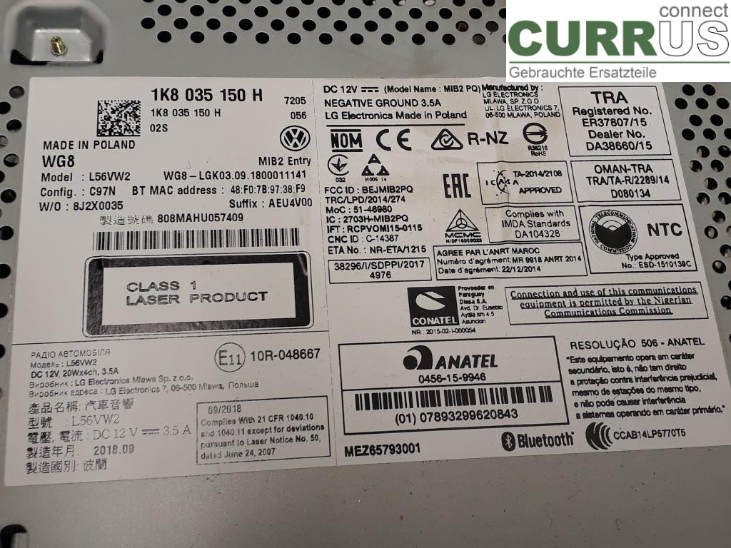 VW TRANSP/CARAVELLE 16- Radio CD / Multimedia panel 1K8035150H CXGB