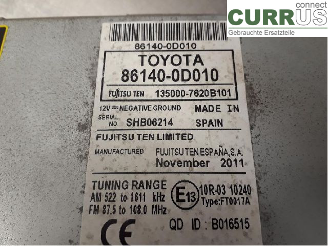 TOYOTA YARIS       12-14 Radio-CD-/Multimedia-Panel 86140-0D010 1NR-FE