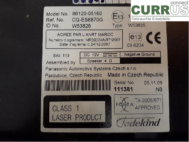 TOYOTA AVENSIS   09-15 Radio CD / Multimedia panel 86120-05160 3ZR-FAE