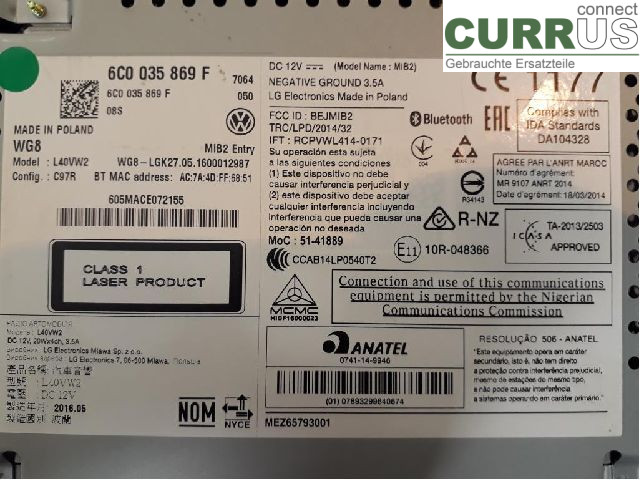 VW POLO       10-17 Radio-CD-/Multimedia-Panel 6C0035869F CJZC