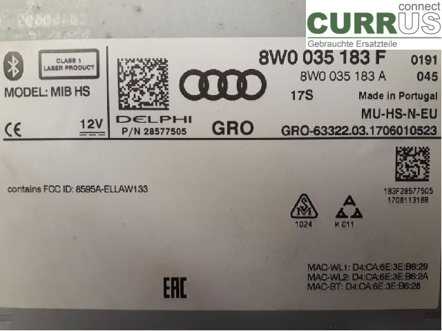 AUDI A4/S4  B9 16-19 Radio CD / multimediepanel 8W0035183F DETA